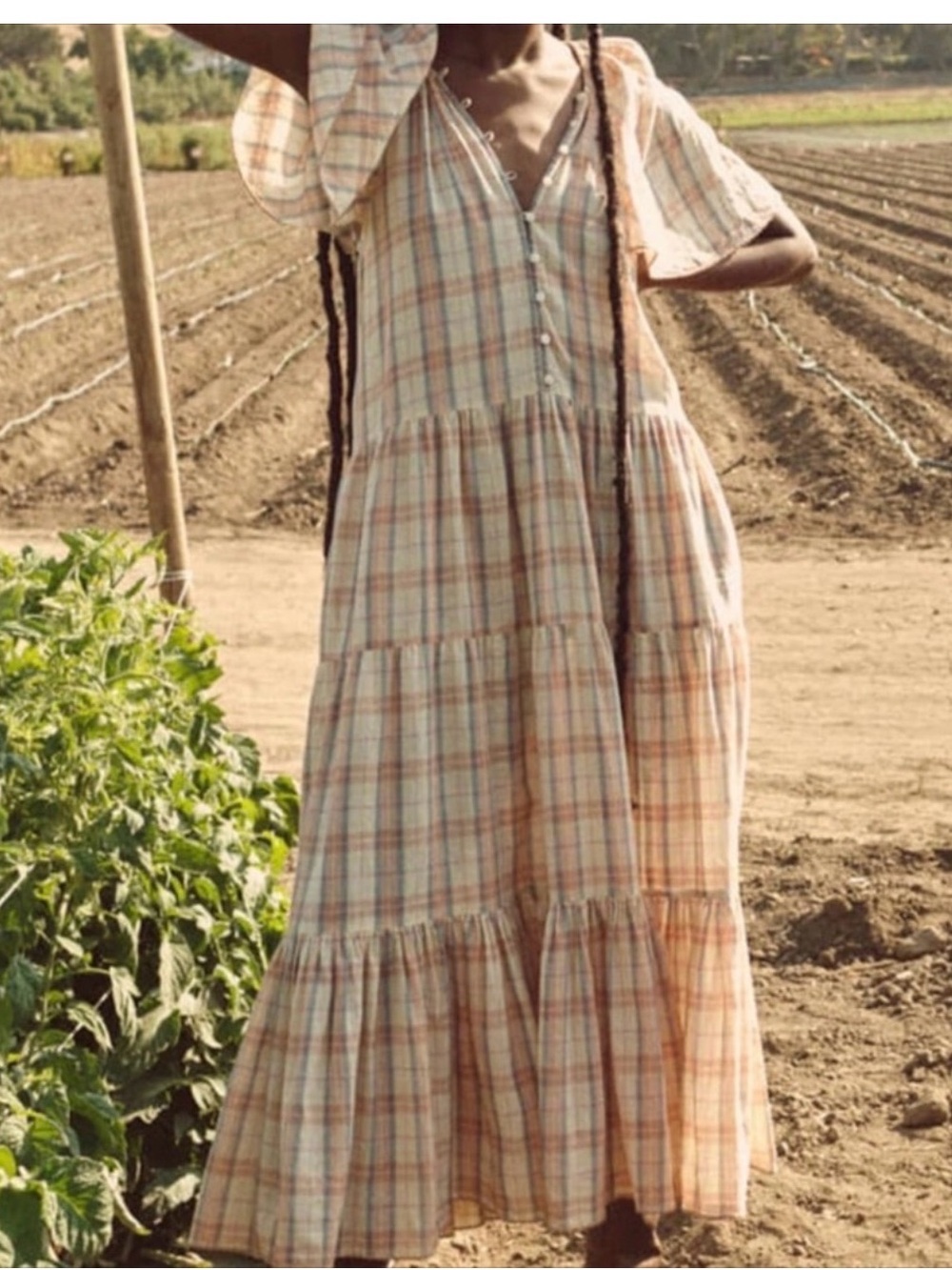 THE GREAT. Plaid Tiered Maxi Dress in Beige and Rust - Picture 2 of 9
